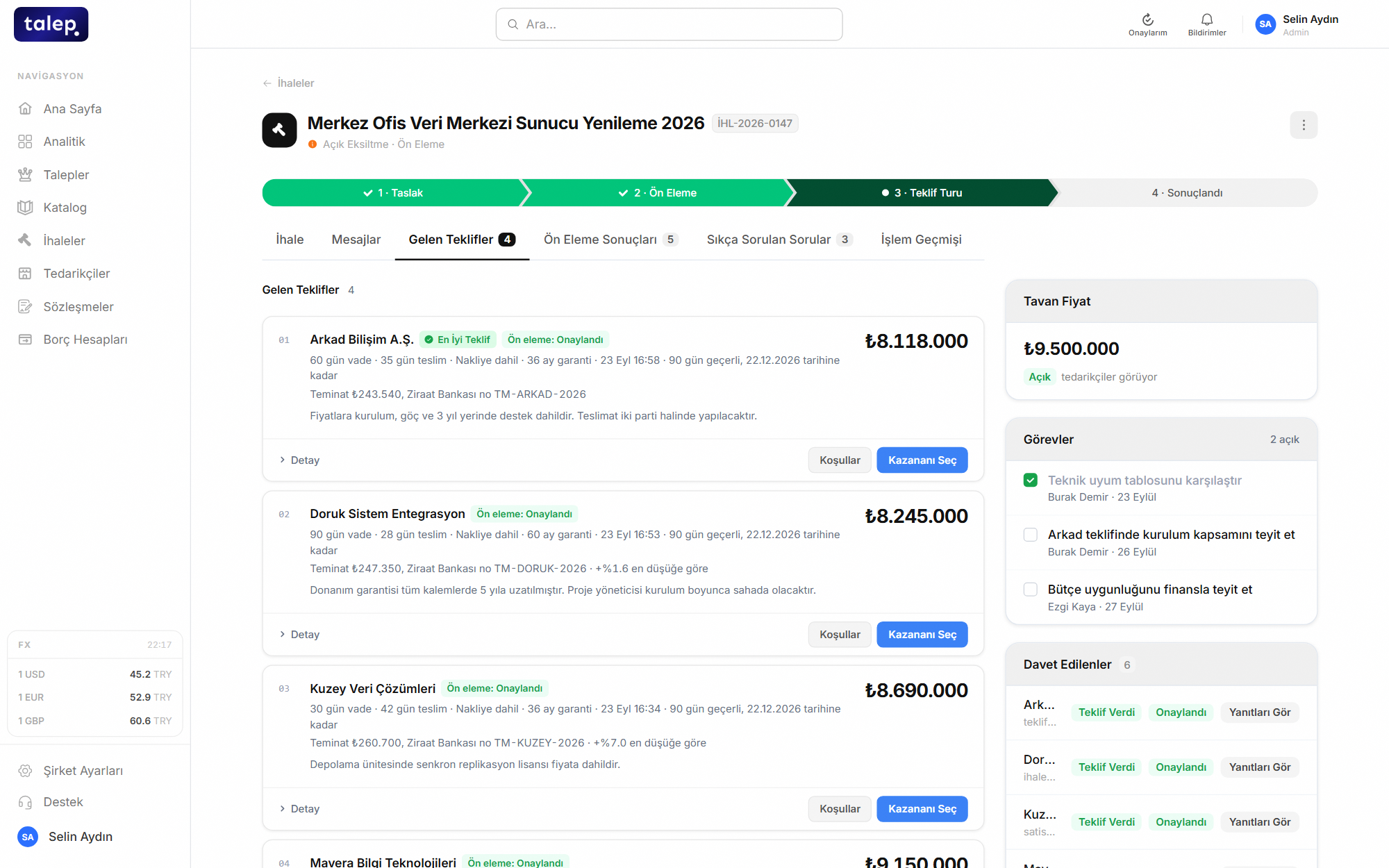 talep.io screen: Suppliers lower their price in real time.
