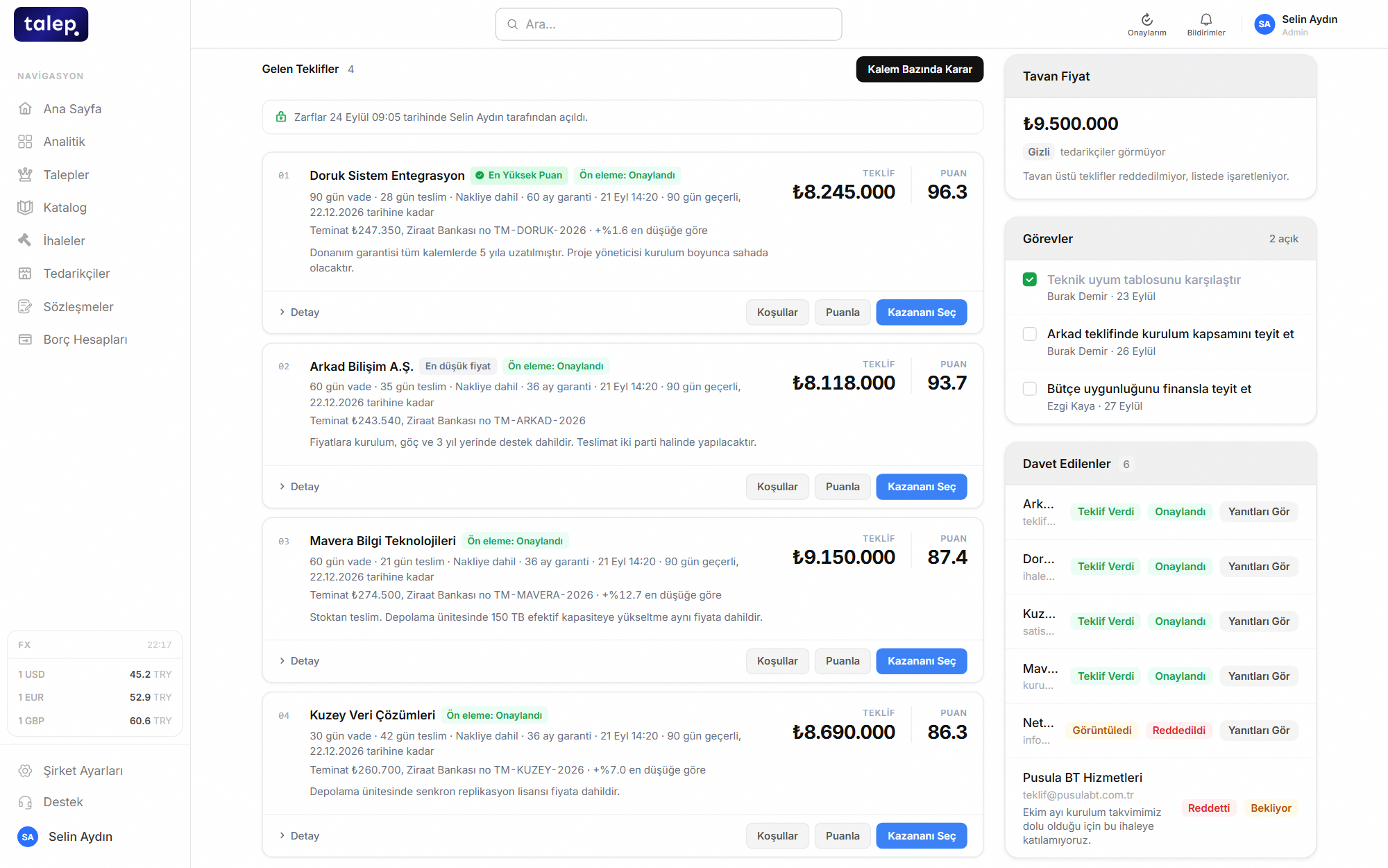 talep.io screen: Find the best bid, not just the lowest price.